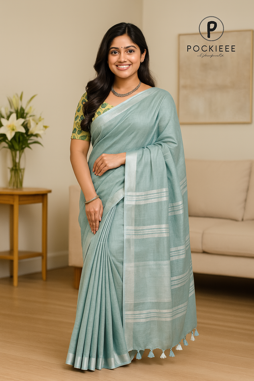 Plain Cotton Linen Saree with Blouse Piece